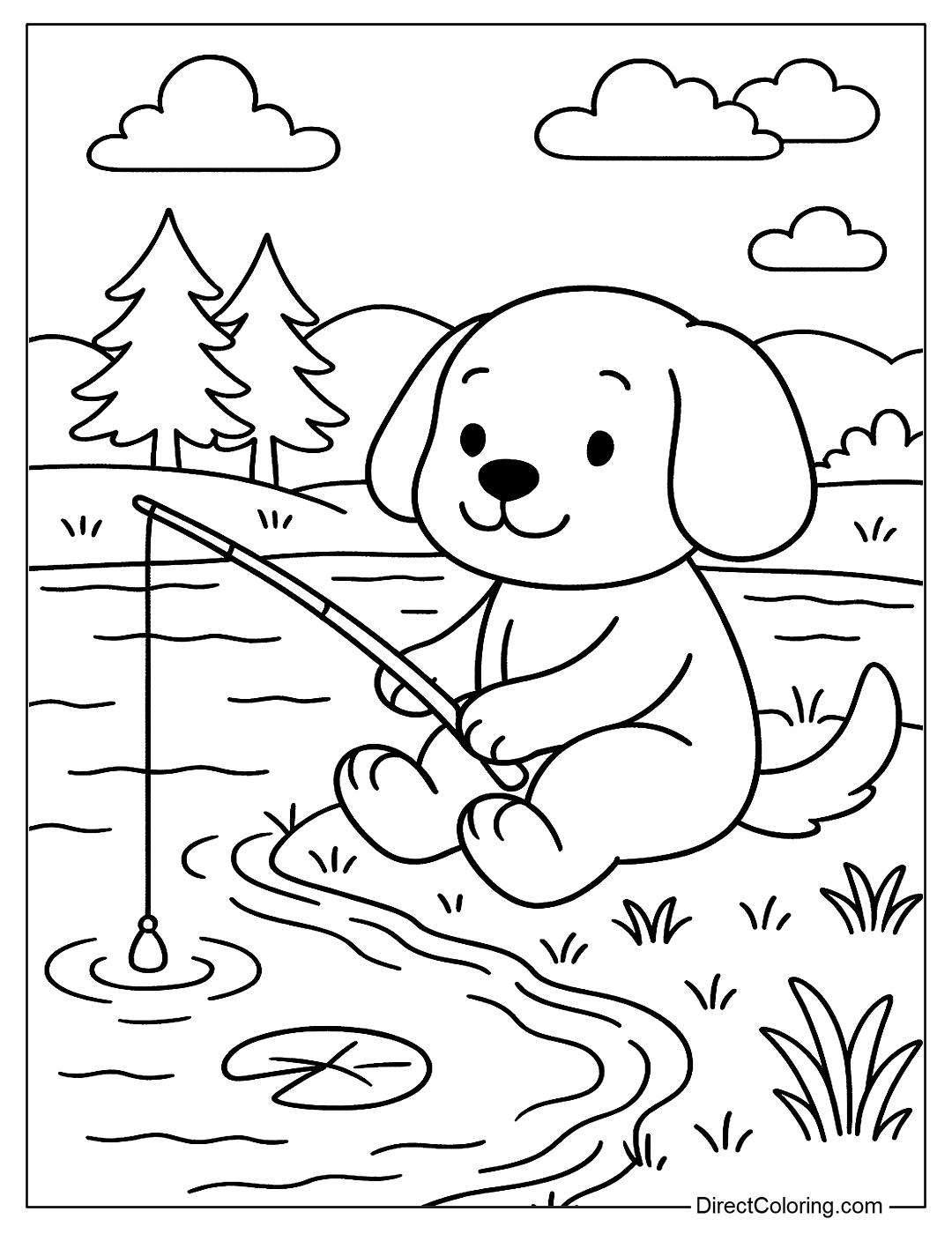 Dog Sitting by the Lake Fishing Coloring Page